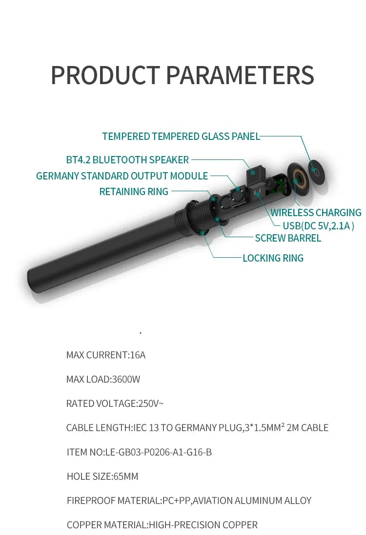 Prelungitor incorporabil blat smart LIFT BOX USB automatic 3P 2m/3×1,5mm